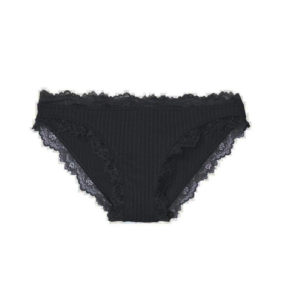 Black Ribbed Lace Trim Cotton Pointelle Bikini Panty - Picture 1 of 7